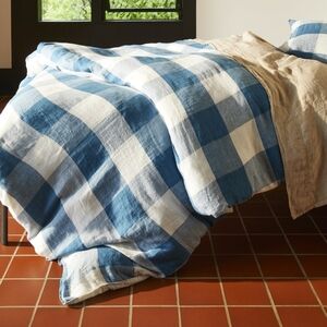 Brooklinen Linen Blue Gingham King Duvet Cover and Two Pillowcases